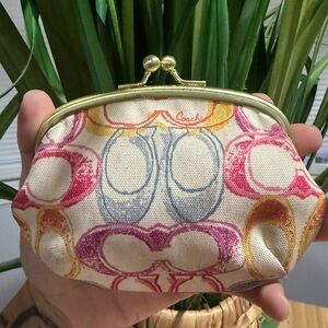 Coach Y2K Vintage Multicolor Canvas Kiss-Lock Coin Purse — Pink, Yellow, Blue